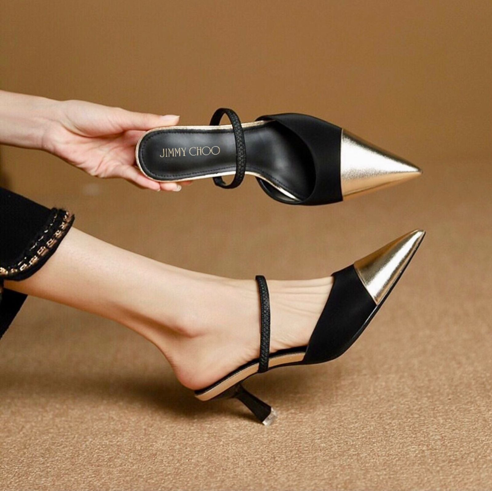 Gold Pointed Toe Kitten Heel